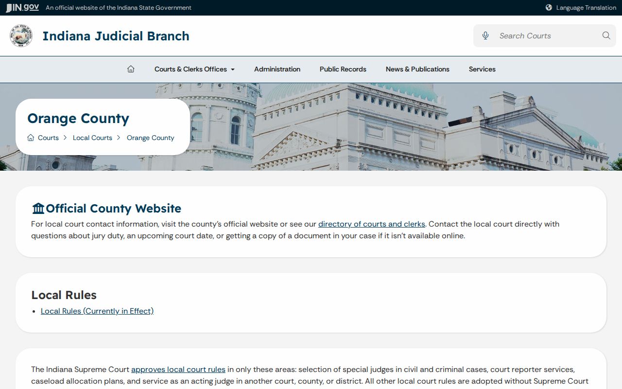Indiana Courts Orange County official page